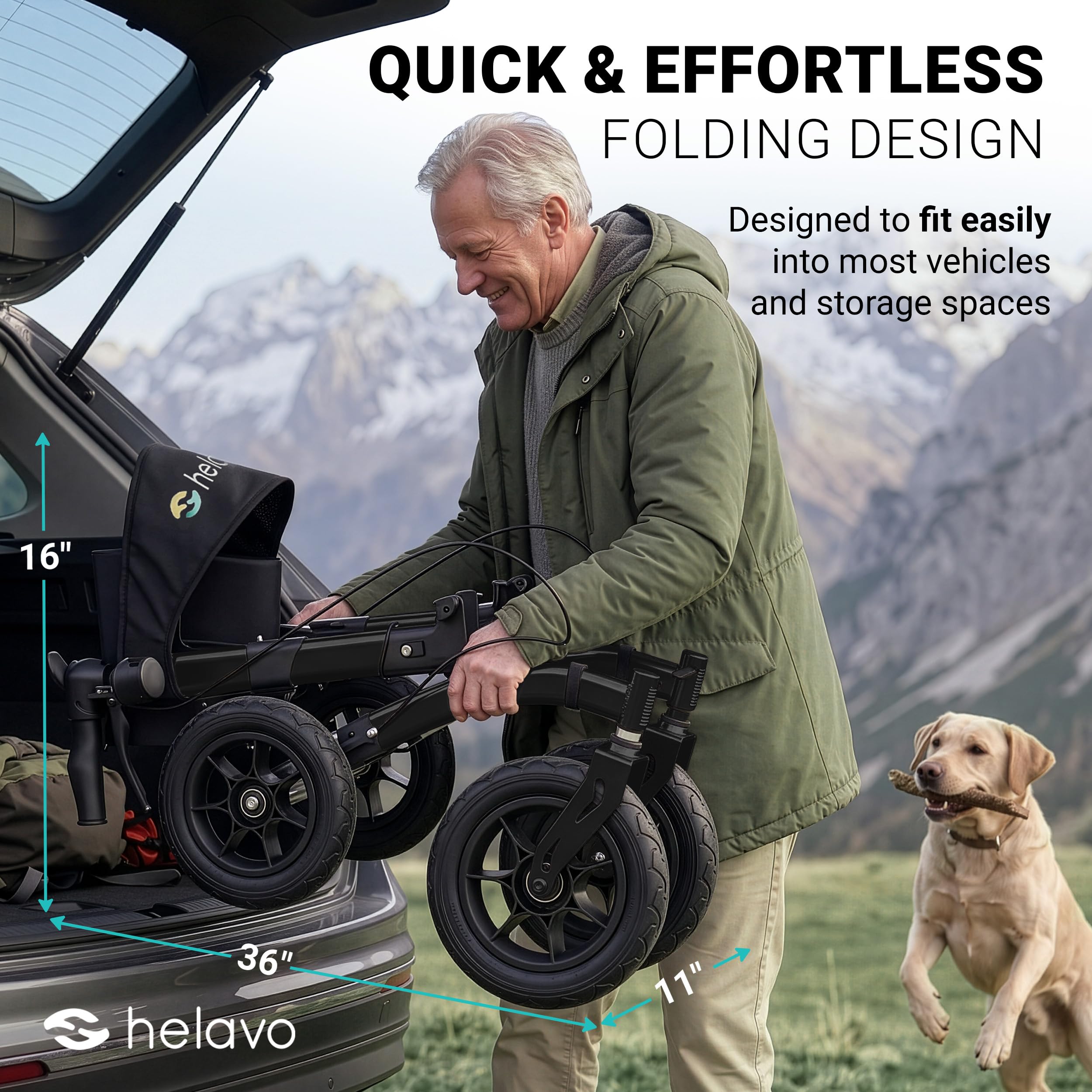 Helavo All Terrain Walker with Seat - Foldable Outdoor Rollator for Seniors - 12" Pneumatic Tyres - New