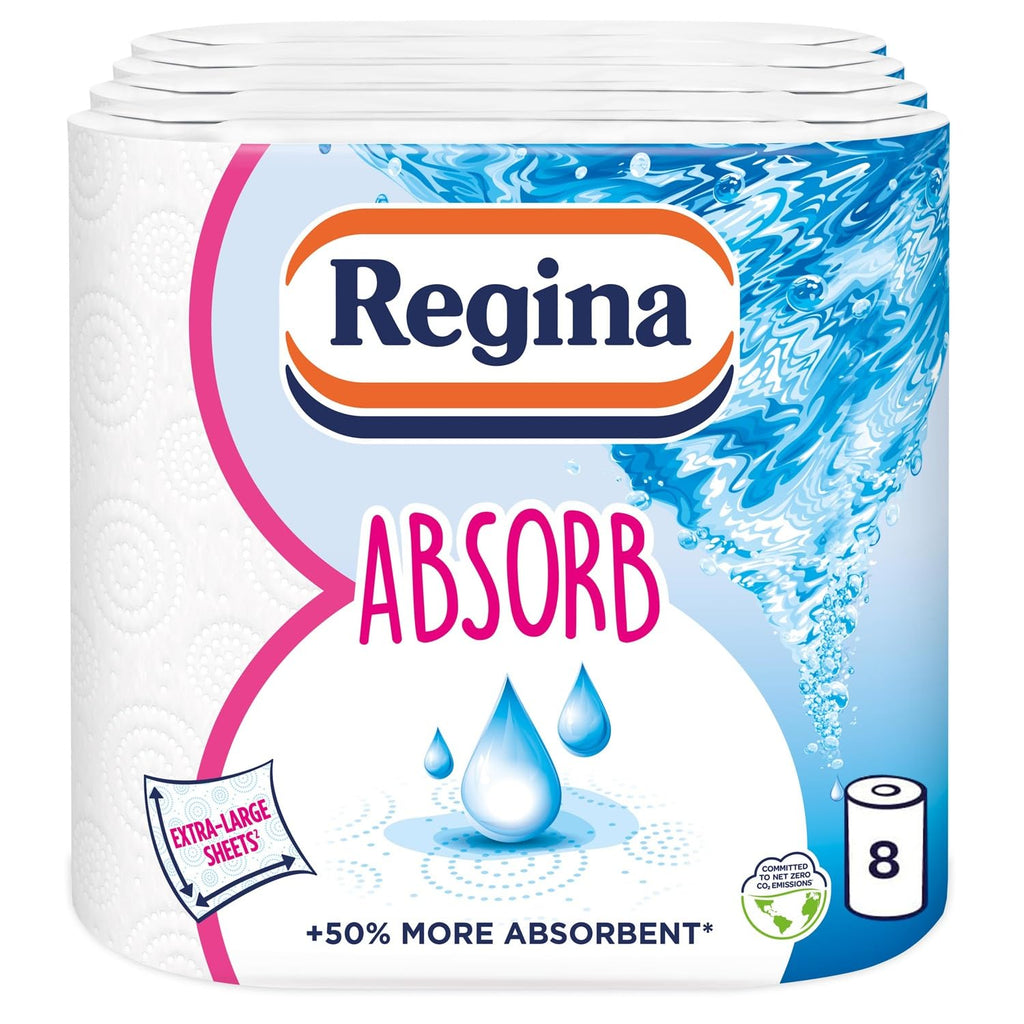 Regina Absorb Kitchen Roll 8 Rolls - 2-Ply Super Absorbent Paper Towel - New