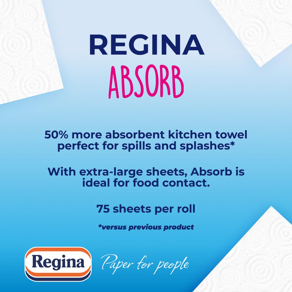 Regina Absorb Kitchen Roll 8 Rolls - 2-Ply Super Absorbent Paper Towel - New