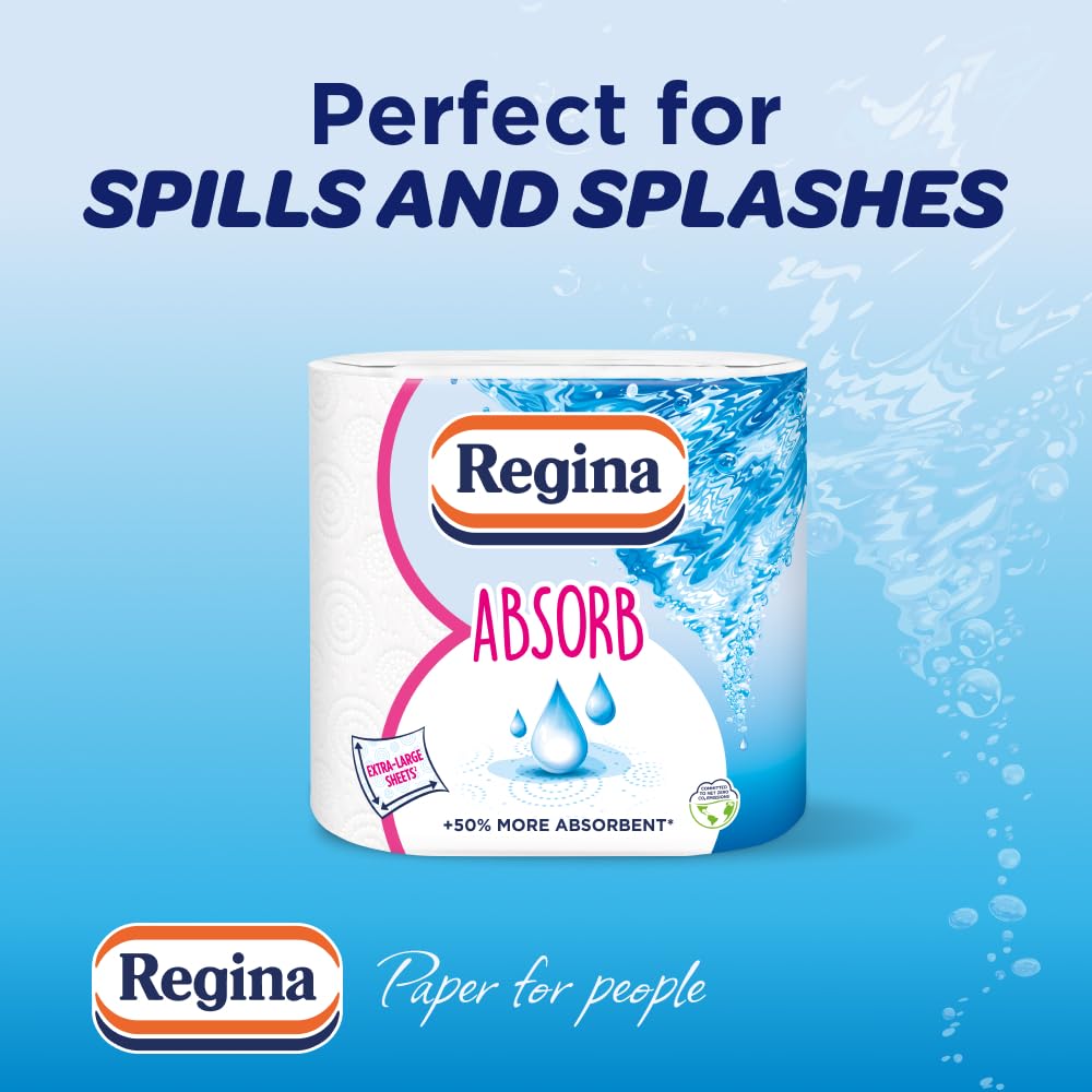 Regina Absorb Kitchen Roll 8 Rolls - 2-Ply Super Absorbent Paper Towel - New