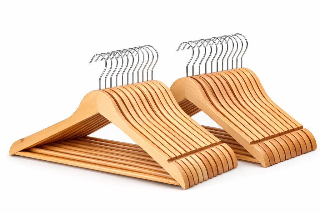 1ABOVE Wooden Coat Hangers with Non-Slip Trouser Bar & Shoulder Notches - Brown Wood - 20 Pack - Damaged Box