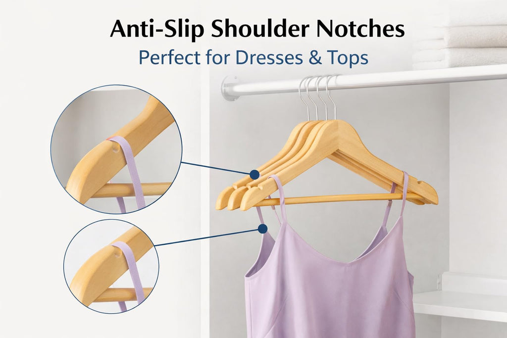1ABOVE Wooden Coat Hangers with Non-Slip Trouser Bar & Shoulder Notches - Brown Wood - 20 Pack - Damaged Box
