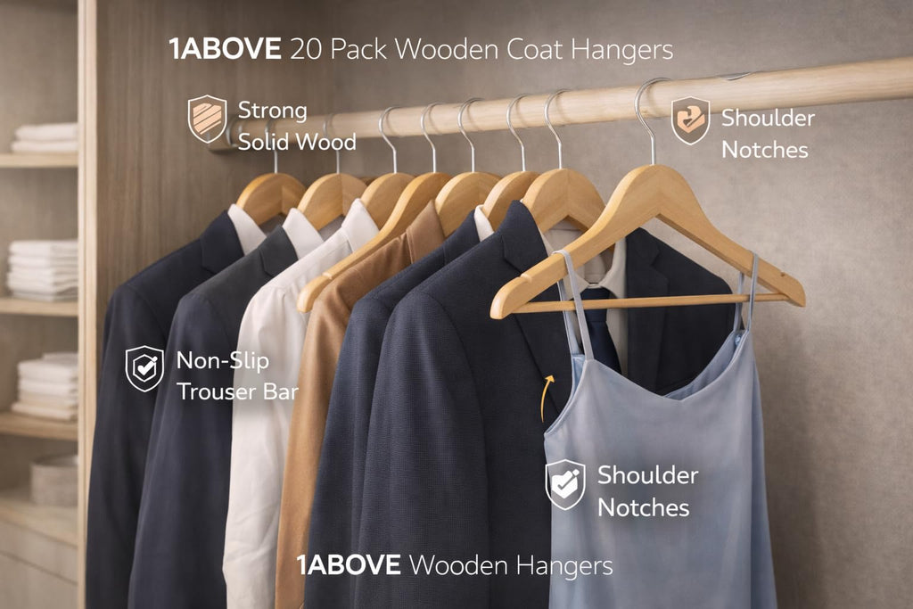 1ABOVE Wooden Coat Hangers with Non-Slip Trouser Bar & Shoulder Notches - Brown Wood - 20 Pack - Damaged Box