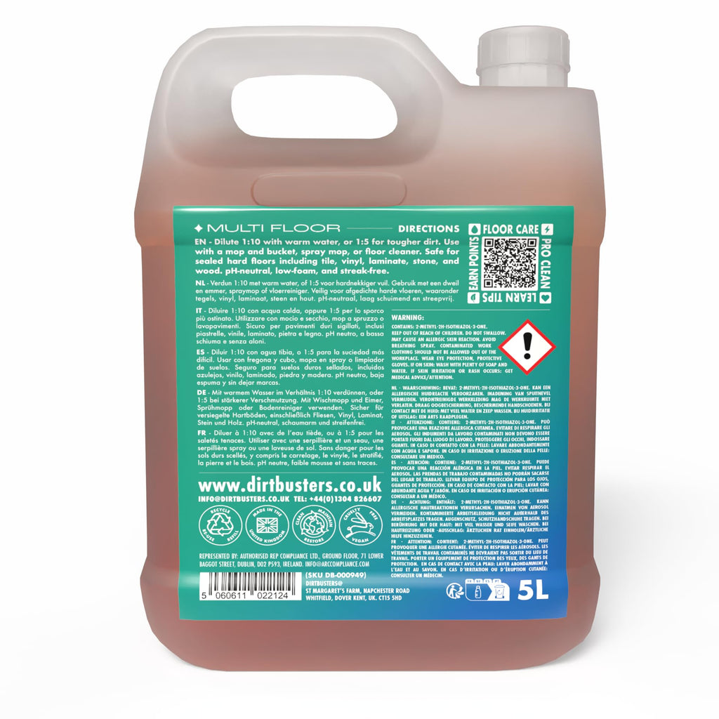 Dirtbusters Concentrated Hard Floor Cleaner Liquid 5L - Wood Laminate Vinyl Tile Multi-Surface Pet Safe - Clementine Fresh - Damaged Box