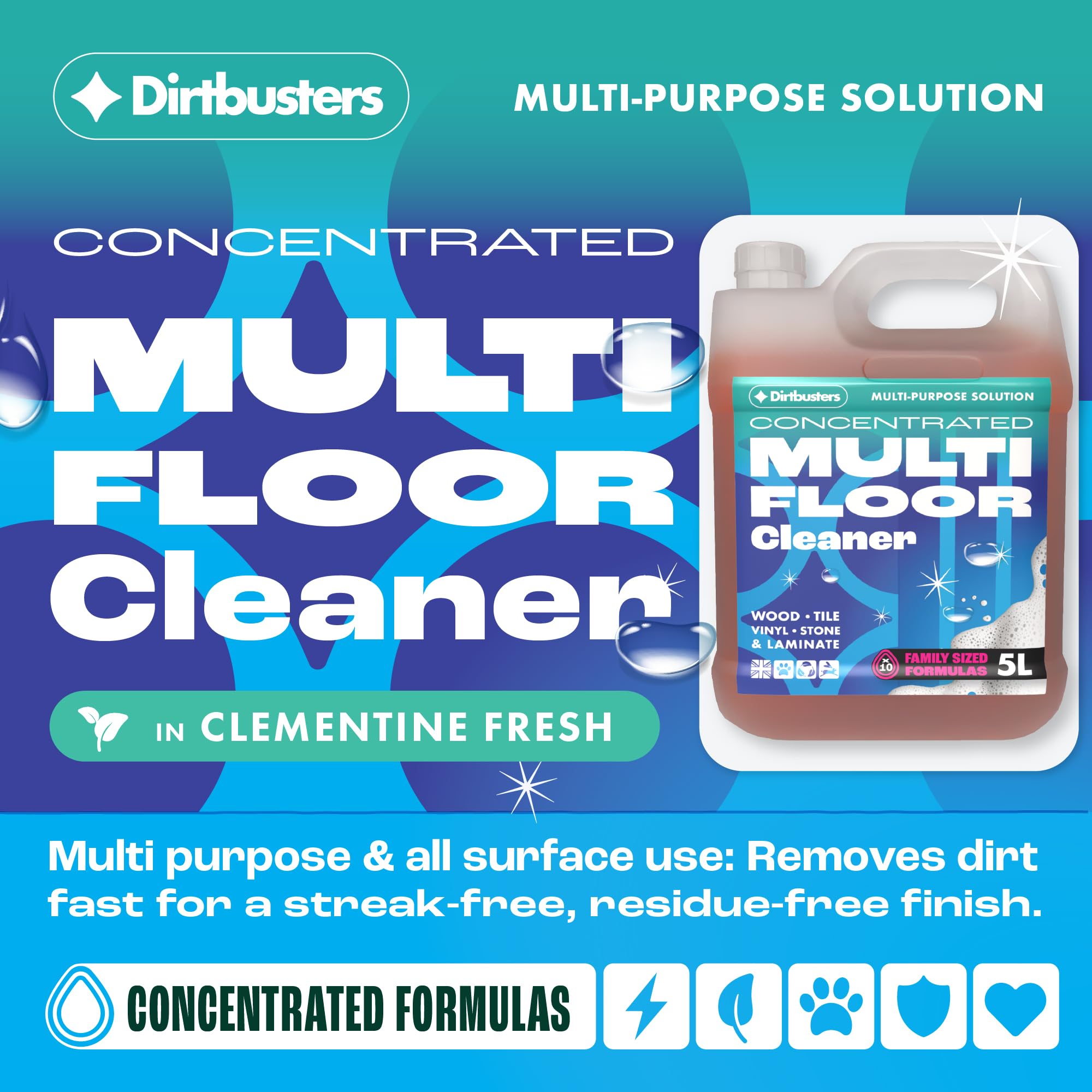 Dirtbusters Concentrated Hard Floor Cleaner Liquid 5L - Wood Laminate Vinyl Tile Multi-Surface Pet Safe - Clementine Fresh - Damaged Box
