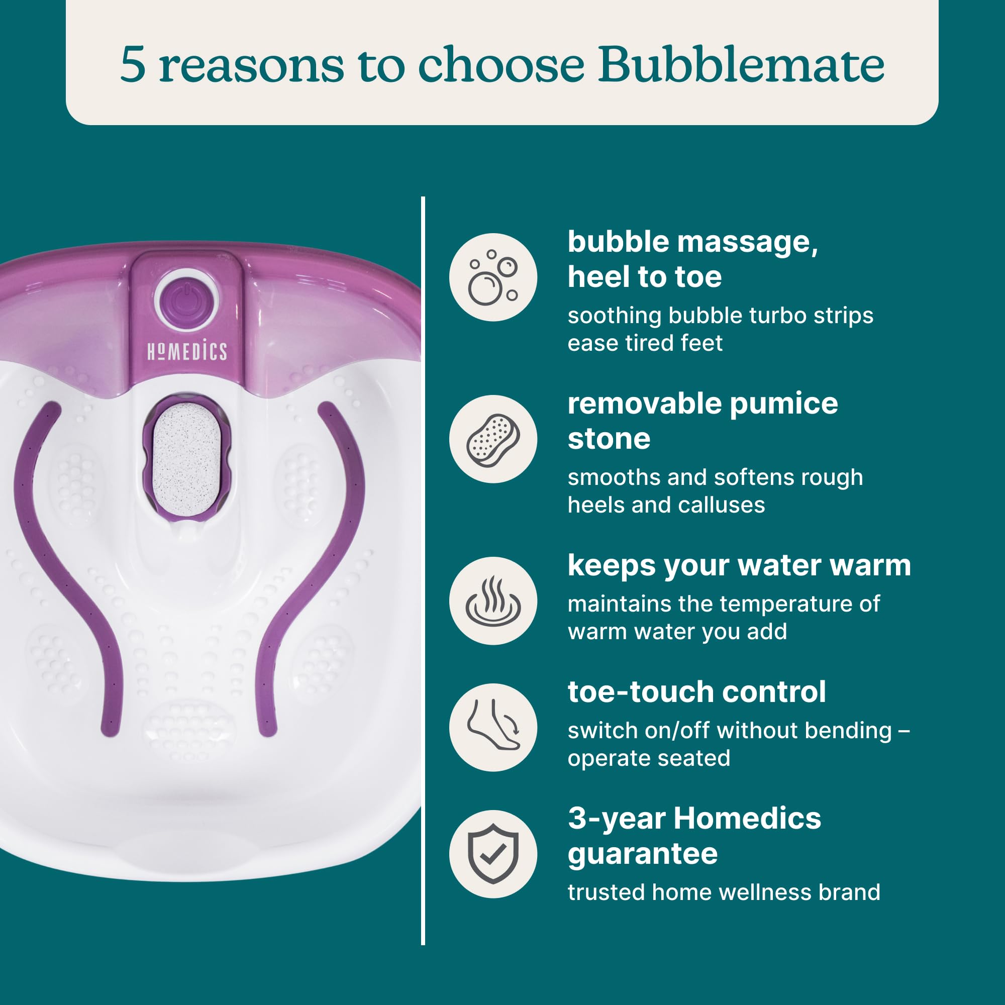 Homedics BubbleMate Foot Spa Massager - Keep Warm Function - Pedicure Relaxation - New