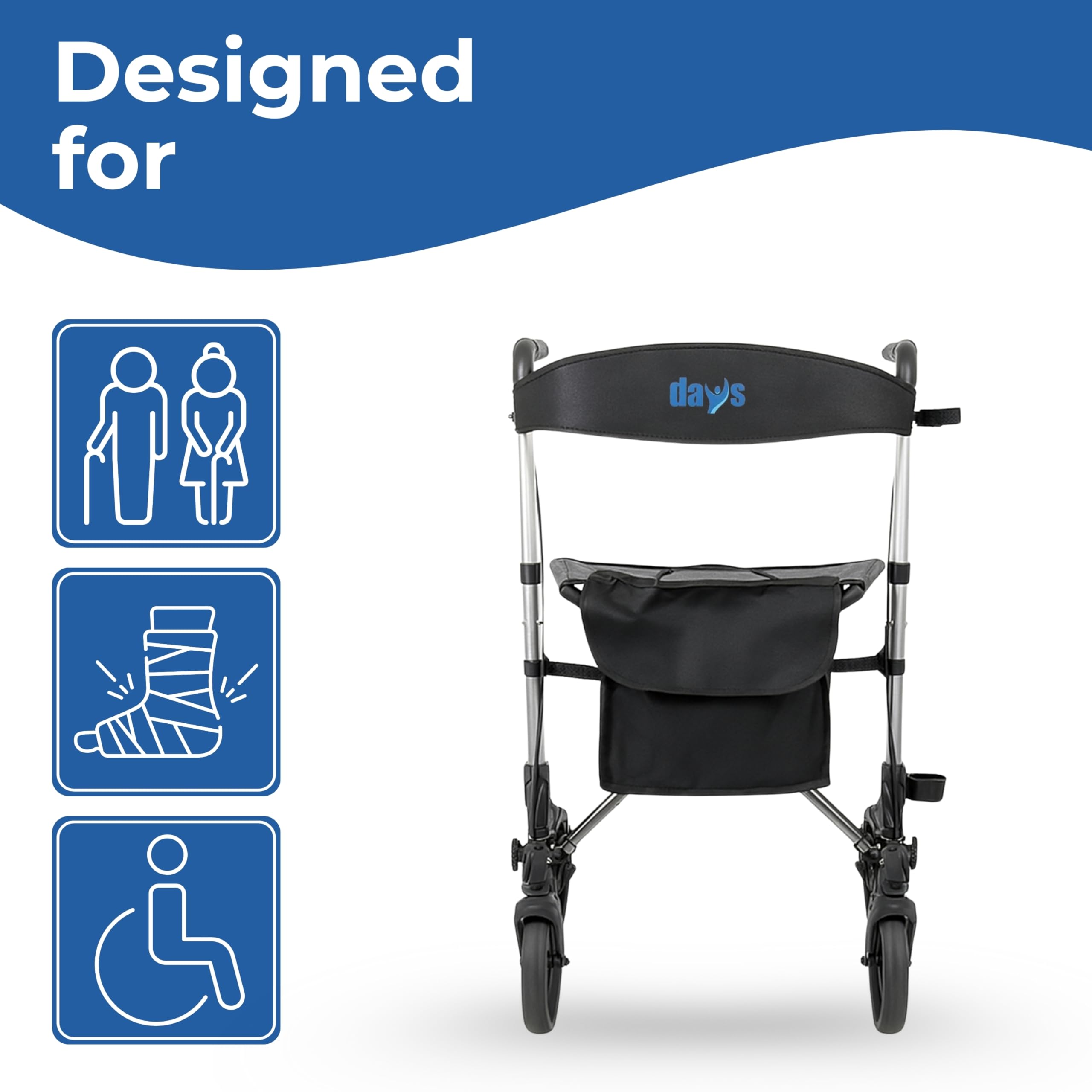 Days Deluxe Lightweight Folding Rollator - 4 Wheel, Adjustable Seat Height, Easy Storage & Travel, Carry Bag, Mobility Aid - New