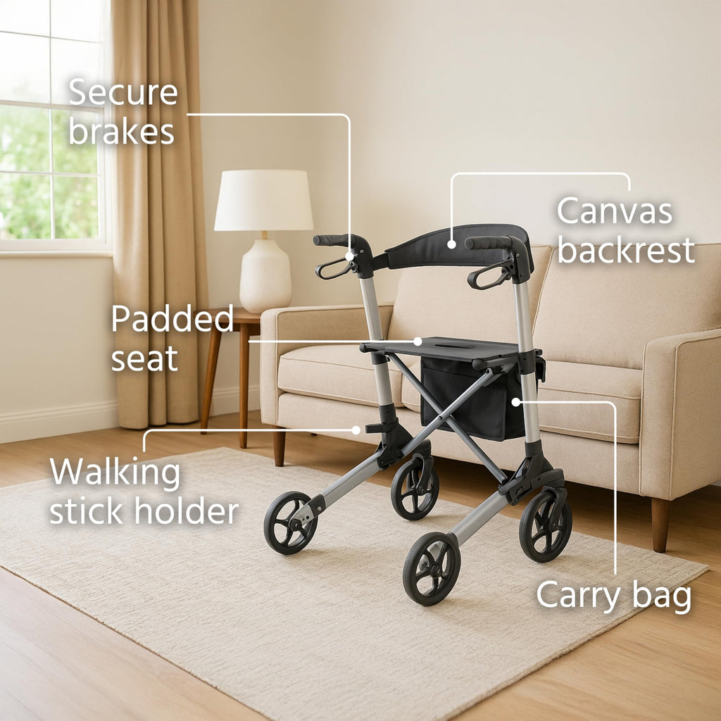 Days Deluxe Lightweight Folding Rollator - 4 Wheel, Adjustable Seat Height, Easy Storage & Travel, Carry Bag, Mobility Aid - New