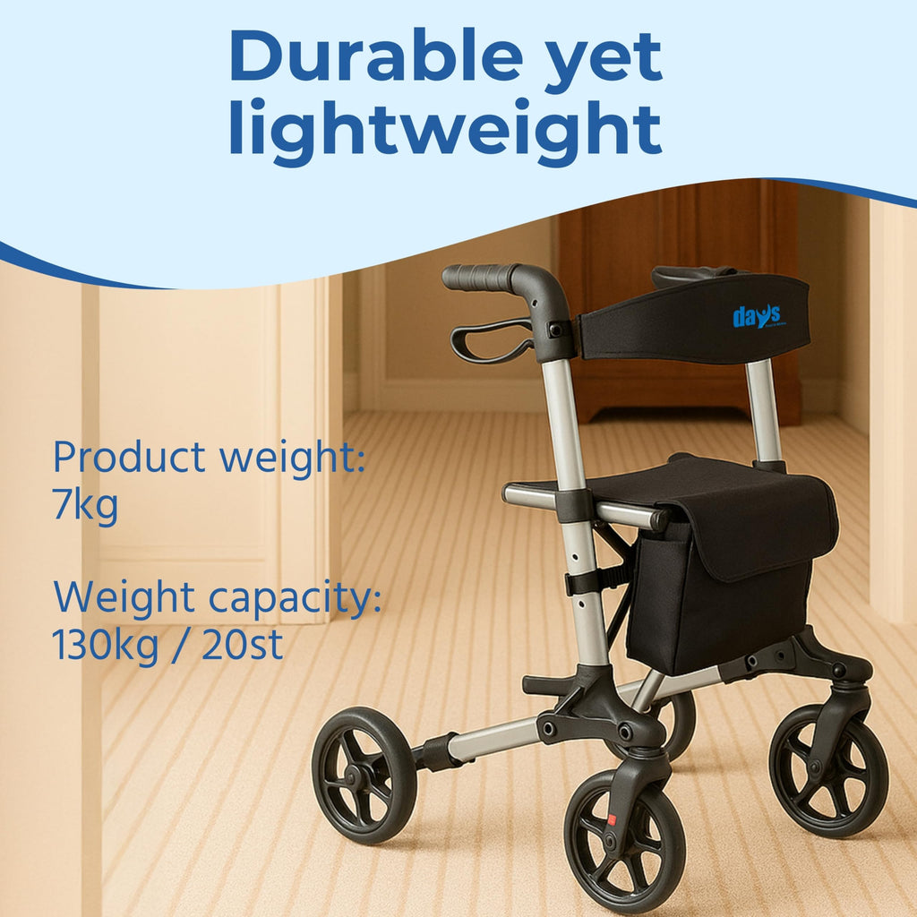 Days Deluxe Lightweight Folding Rollator - 4 Wheel, Adjustable Seat Height, Easy Storage & Travel, Carry Bag, Mobility Aid - New