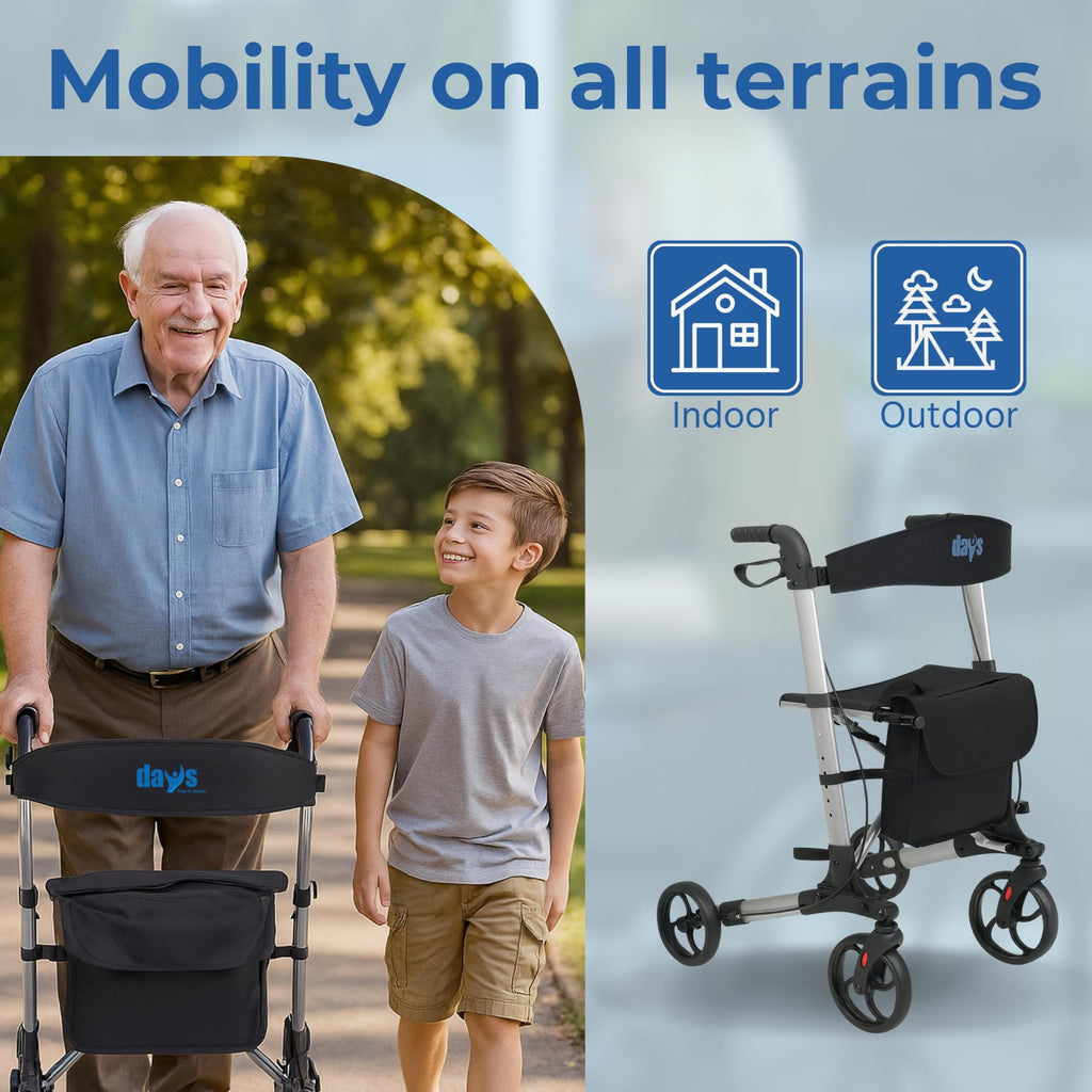 Days Deluxe Lightweight Folding Rollator - 4 Wheel, Adjustable Seat Height, Easy Storage & Travel, Carry Bag, Mobility Aid - New