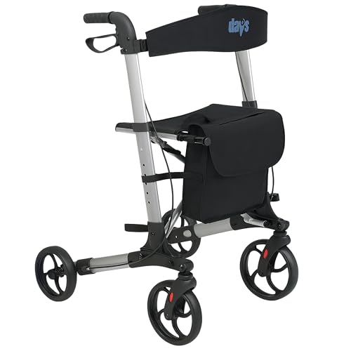 Days Deluxe Lightweight Folding Rollator - 4 Wheel, Adjustable Seat Height, Easy Storage & Travel, Carry Bag, Mobility Aid - New
