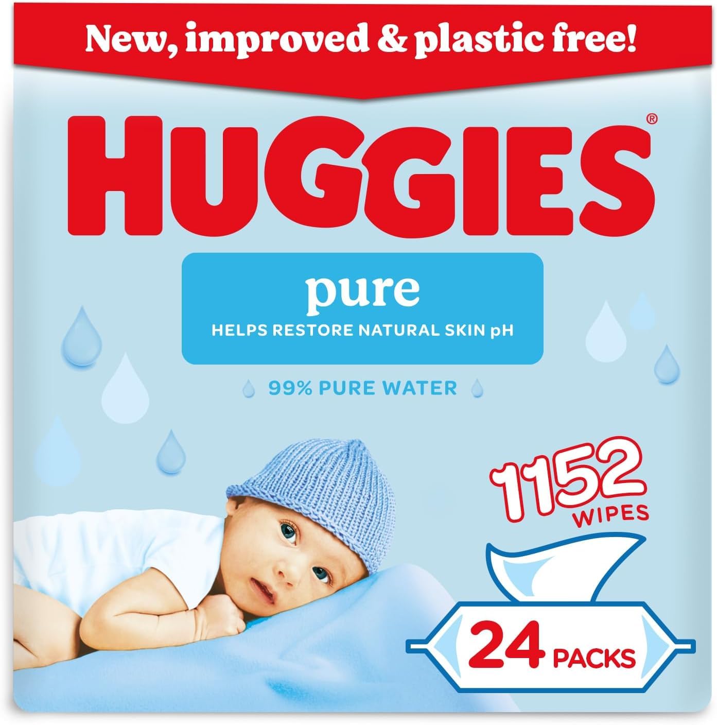 Huggies Pure Plastic Free Baby Wipes - Pack of 24 (1152 Wipes) - 99% Water Wet Wipes, Fragrance Free, Hypoallergenic, Better Cleaning, Soft and Gentle on Babies' Delicate Skin - New