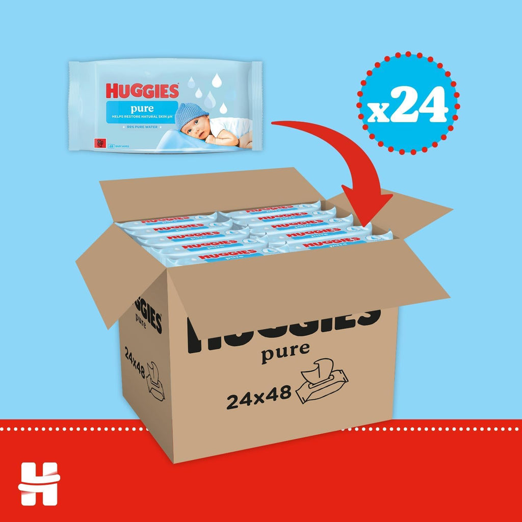 Huggies Pure Plastic Free Baby Wipes - Pack of 24 (1152 Wipes) - 99% Water Wet Wipes, Fragrance Free, Hypoallergenic, Better Cleaning, Soft and Gentle on Babies' Delicate Skin - New