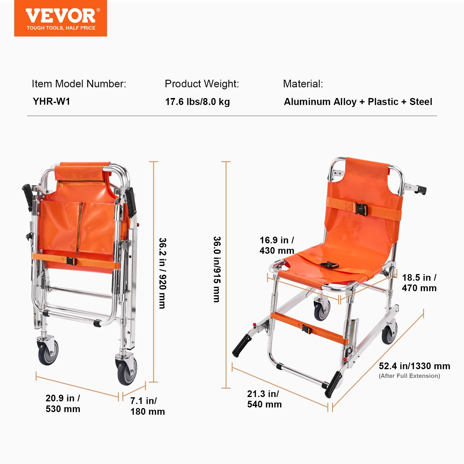 VEVOR EMS Stair Chair - Foldable Aluminum Emergency Evacuation Wheelchair - 350 lbs Load Capacity - 2 Wheels - Good