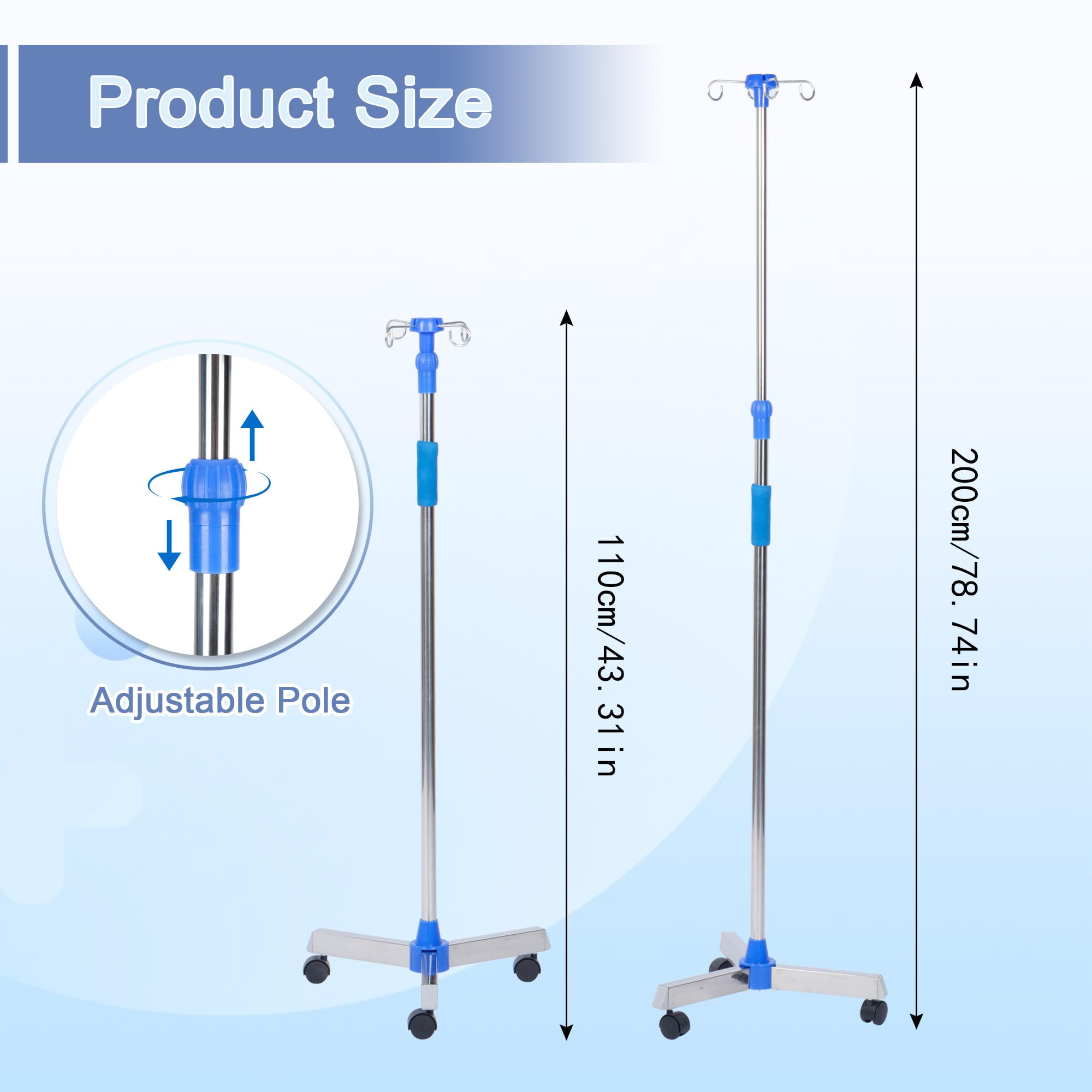 Aleawol IV Drip Stand with 4 Hooks - Portable Infusion Pole - Height Adjustable Telescopic Rolling IV Pole for Hospital Home Clinic - Damaged Box