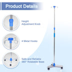 Aleawol IV Drip Stand with 4 Hooks - Portable Infusion Pole - Height Adjustable Telescopic Rolling IV Pole for Hospital Home Clinic - Damaged Box
