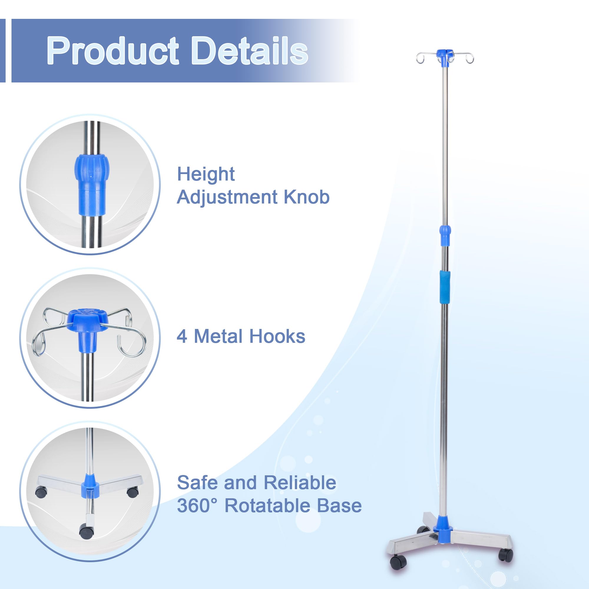 Aleawol IV Drip Stand with 4 Hooks - Portable Infusion Pole - Height Adjustable Telescopic Rolling IV Pole for Hospital Home Clinic - Damaged Box