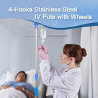 Aleawol IV Drip Stand with 4 Hooks - Portable Infusion Pole - Height Adjustable Telescopic Rolling IV Pole for Hospital Home Clinic - Damaged Box