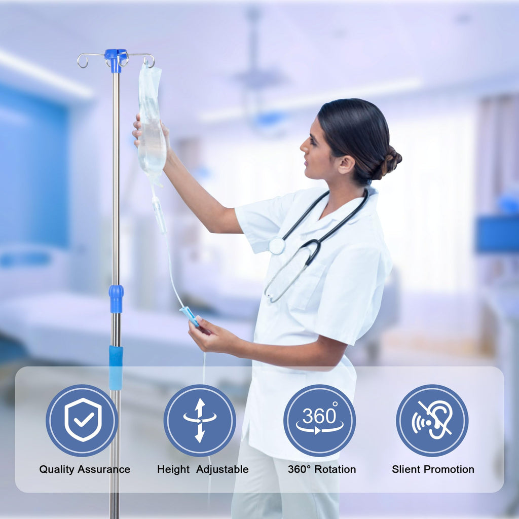 Aleawol IV Drip Stand with 4 Hooks - Portable Infusion Pole - Height Adjustable Telescopic Rolling IV Pole for Hospital Home Clinic - Damaged Box