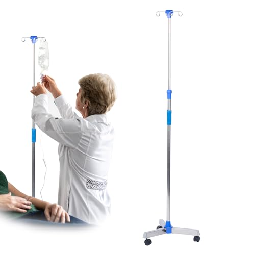 Aleawol IV Drip Stand with 4 Hooks - Portable Infusion Pole - Height Adjustable Telescopic Rolling IV Pole for Hospital Home Clinic - Damaged Box