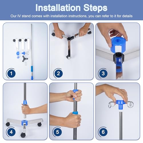 Aleawol IV Drip Stand with 4 Hooks - Portable Infusion Pole - Height Adjustable Telescopic Rolling IV Pole for Hospital Home Clinic - Damaged Box