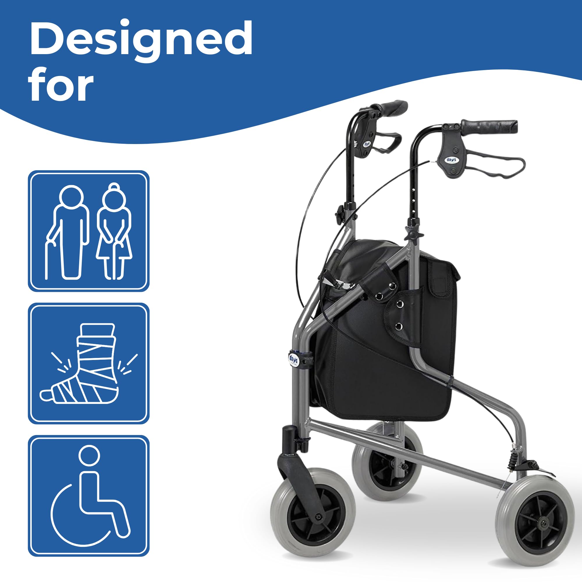 Days Lightweight Tri Wheel Walker Rollator - Aluminium, Adjustable Height, Brakes, Foldable, Graphite Mobility Aid - Damaged Box