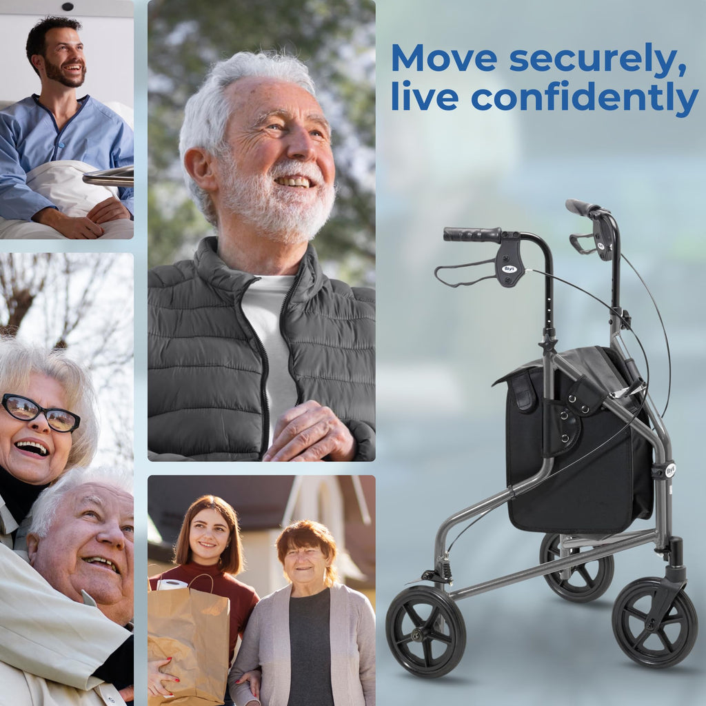 Days Lightweight Tri Wheel Walker Rollator - Aluminium, Adjustable Height, Brakes, Foldable, Graphite Mobility Aid - Damaged Box