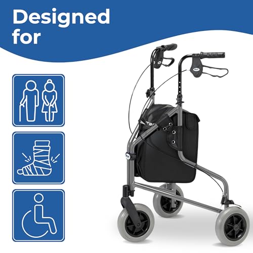 Days Lightweight Tri Wheel Walker Rollator - Aluminium, Adjustable Height, Brakes, Foldable, Graphite Mobility Aid - Damaged Box