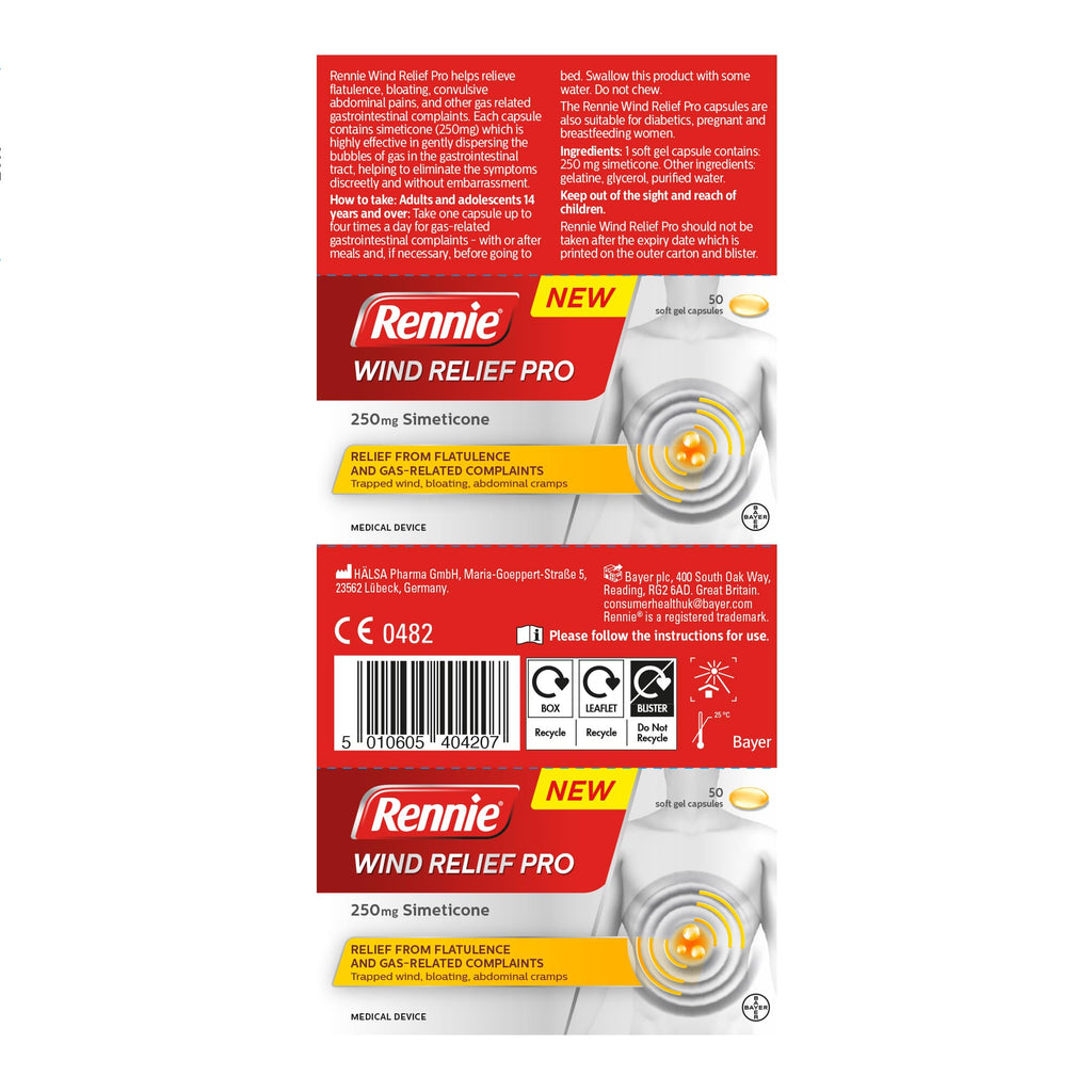 Rennie Wind Relief Pro, Effective Relief from Flatulence and Gas-Related Complaints, 250 mg Simeticone, 50 Soft Gel Capsules - Damaged Box - BBE 03/2027