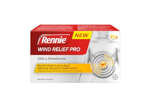 Rennie Wind Relief Pro, Effective Relief from Flatulence and Gas-Related Complaints, 250 mg Simeticone, 50 Soft Gel Capsules - Damaged Box - BBE 03/2027