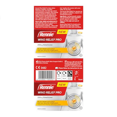 Rennie Wind Relief Pro, Effective Relief from Flatulence and Gas-Related Complaints, 250 mg Simeticone, 50 Soft Gel Capsules - Damaged Box - BBE 03/2027