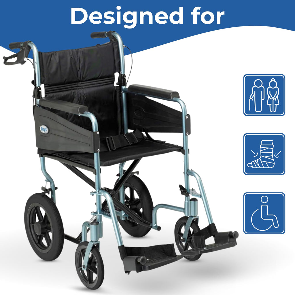 Days Lightweight Folding Wheelchair - Attendant Propelled, Adjustable Footrests, Padded Seat, 51cm Green - Very Good
