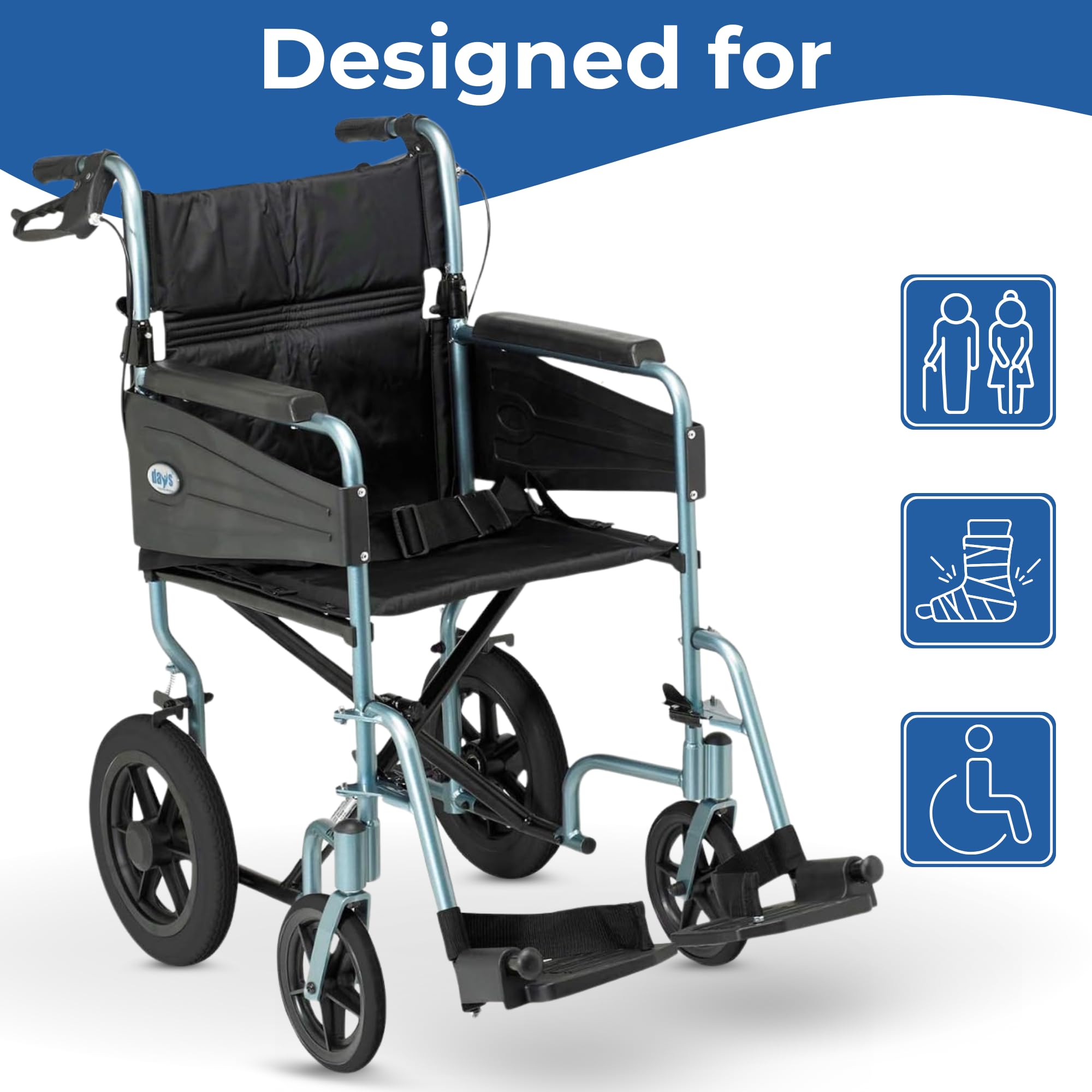 Days Lightweight Folding Wheelchair - Attendant Propelled, Adjustable Footrests, Padded Seat, 51cm Green - Very Good