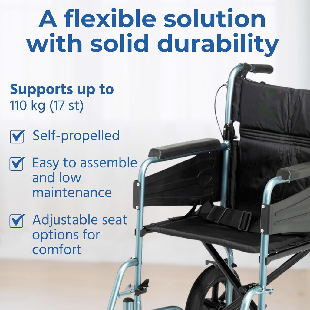 Days Lightweight Folding Wheelchair - Attendant Propelled, Adjustable Footrests, Padded Seat, 51cm Green - Very Good