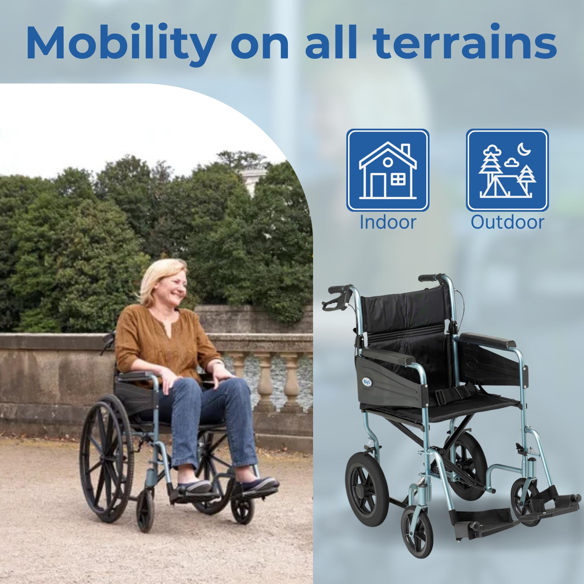 Days Lightweight Folding Wheelchair - Attendant Propelled, Adjustable Footrests, Padded Seat, 51cm Green - Very Good
