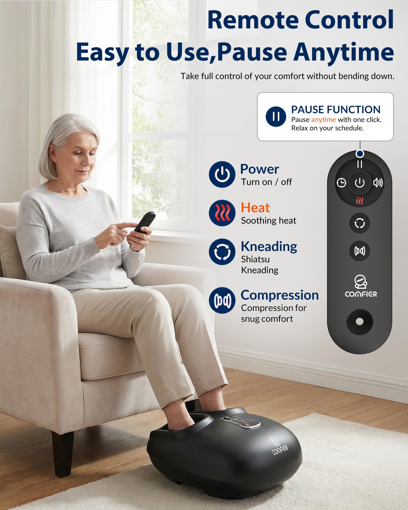 COMFIER Foot Massager - Shiatsu, Deep Kneading, Vibration, Rolling, Compression, Heat - Plantar Fasciitis Relief - Remote Control - Damaged Box