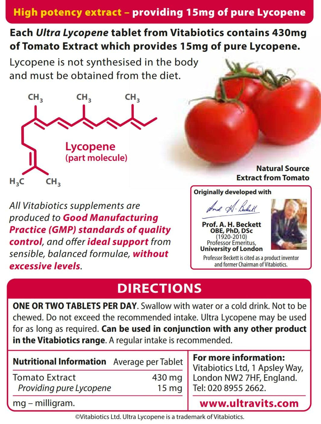Vitabiotics Ultra Lycopene - 30 Tablets - Antioxidant Supplement - Pack of 1 - Damaged Box - BBE 06/2028