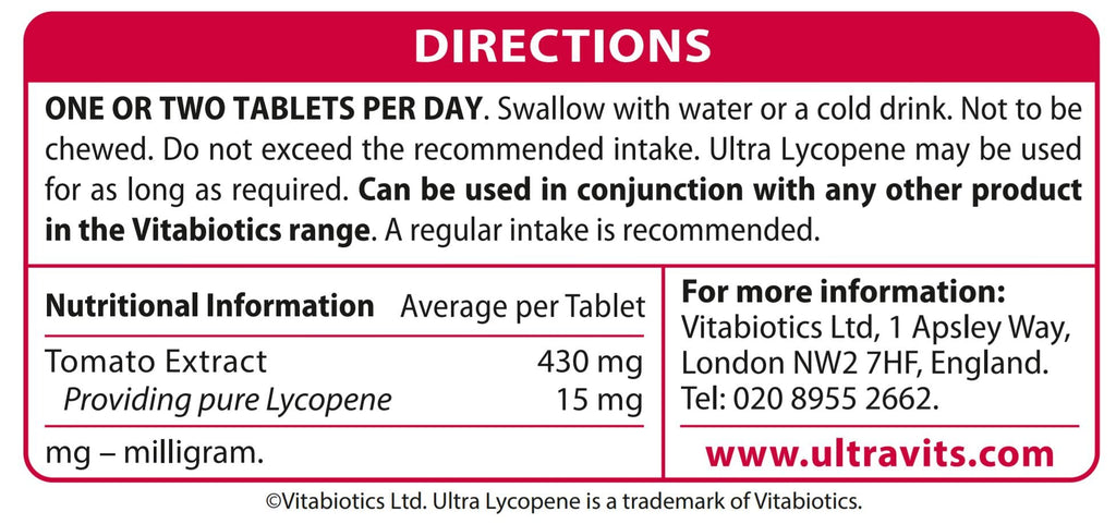 Vitabiotics Ultra Lycopene - 30 Tablets - Antioxidant Supplement - Pack of 1 - Damaged Box - BBE 06/2028