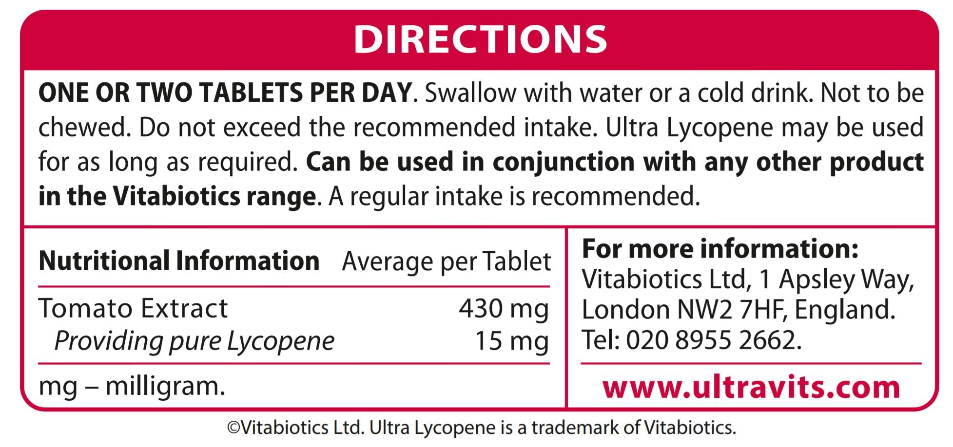 Vitabiotics Ultra Lycopene - 30 Tablets - Antioxidant Supplement - Pack of 1 - Damaged Box - BBE 06/2028