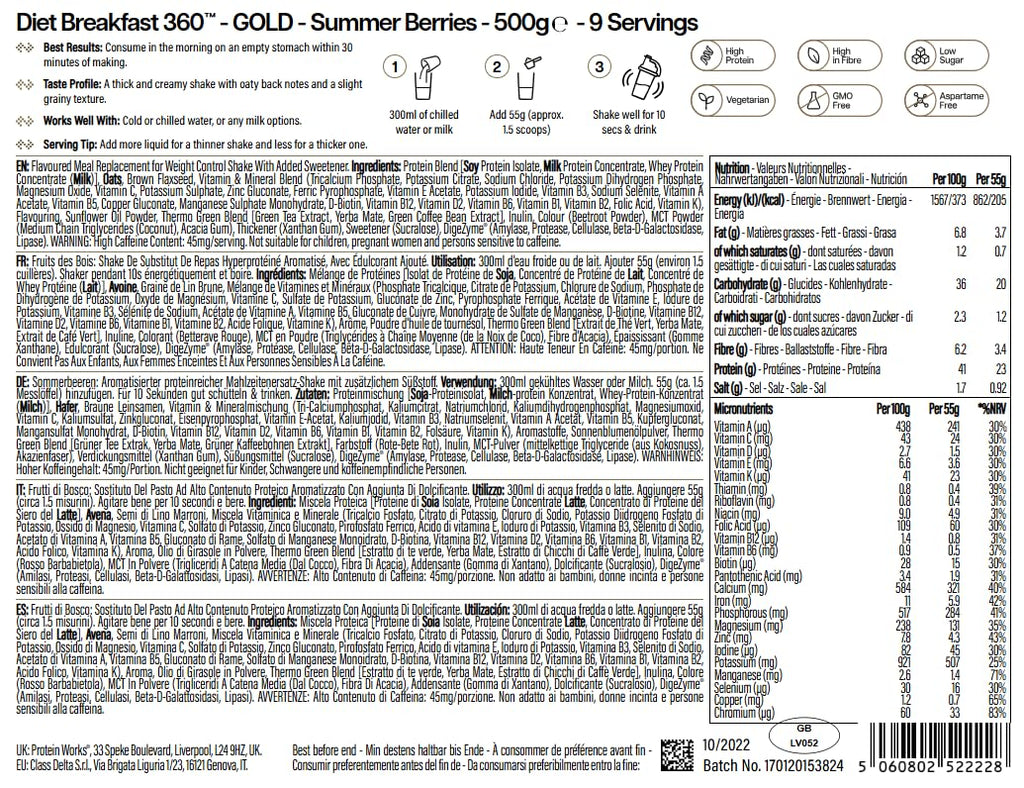 Protein Works | Diet Breakfast 360 - Gold, Summer Berries, 9 Servings, 500g - New - BBE 08/2027