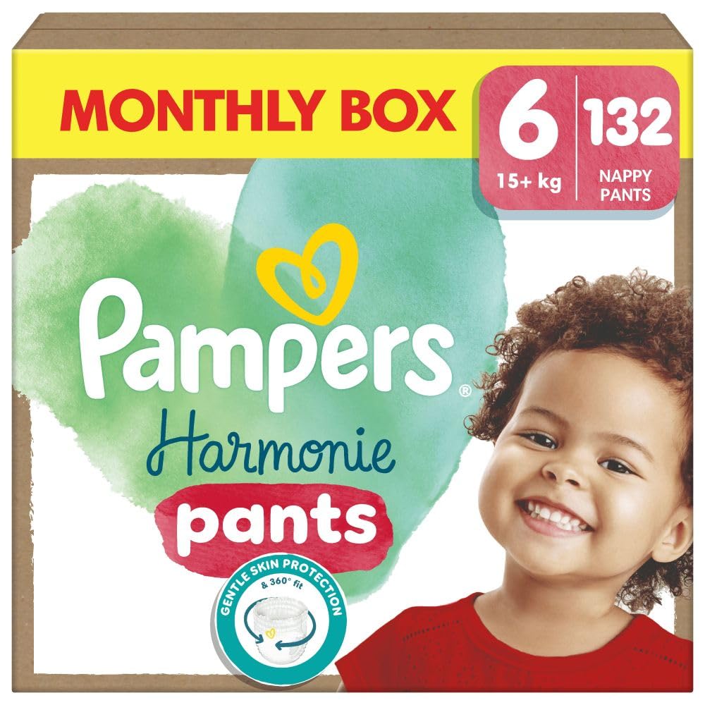 Pampers Harmonie Nappy Pants Size 6, 132 Nappies, 15kg+, Monthly Pack, Gentle Skin Protection and 360^0 Comfort Fit - Damaged Box