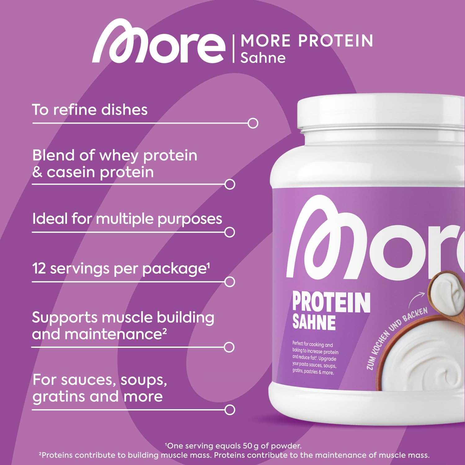 More Protein, Cream, 600 g, 1.32 lbs, 12 Servings, Mix of whey Concentrate and Casein, Ideal for Building and maintaining Muscle, with lactase, Perfect for Cooking and Baking - Made in Germany - New