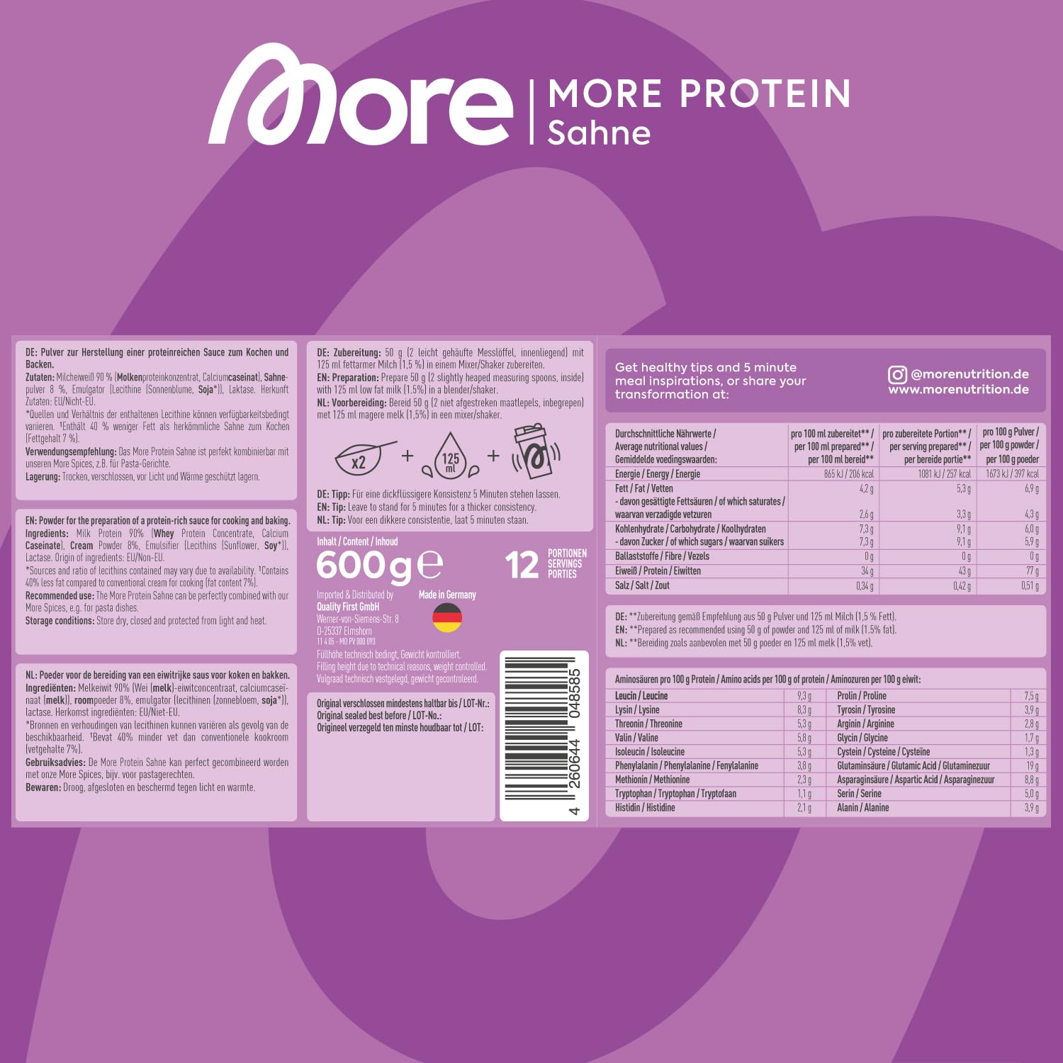 More Protein, Cream, 600 g, 1.32 lbs, 12 Servings, Mix of whey Concentrate and Casein, Ideal for Building and maintaining Muscle, with lactase, Perfect for Cooking and Baking - Made in Germany - New