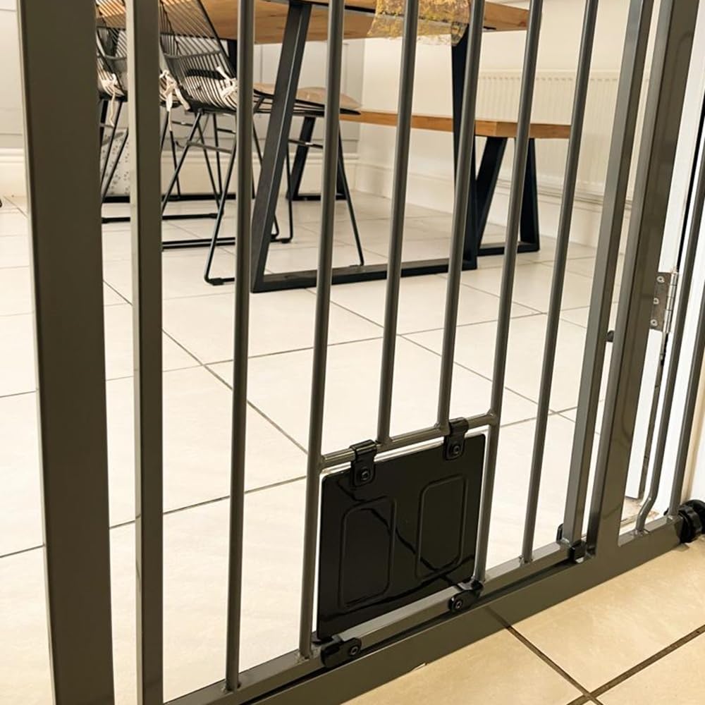 Bettacare Pet Gate with Lockable Cat Flap - 75-84cm Wide - 104cm Tall Slate Grey Dog Safety Barrier - Easy Fit Pressure Mounted - Very Good