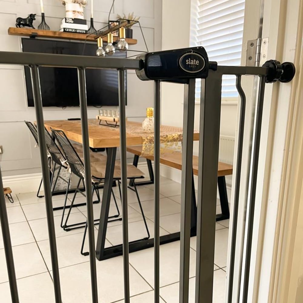 Bettacare Pet Gate with Lockable Cat Flap - 75-84cm Wide - 104cm Tall Slate Grey Dog Safety Barrier - Easy Fit Pressure Mounted - Very Good