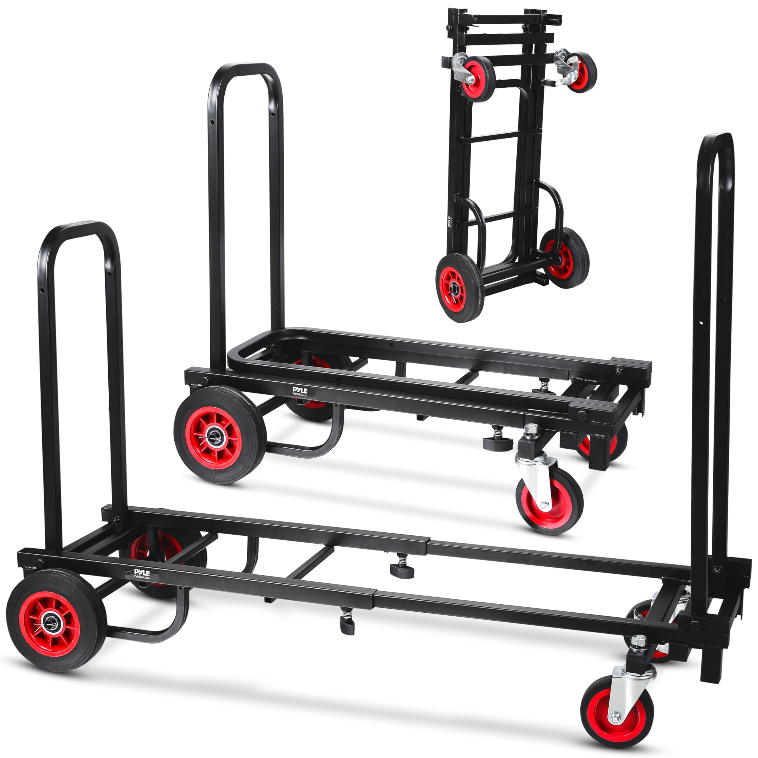 Pyle Folding Equipment Cart - Heavy Duty 8-in-1 Sack Truck, Platform Trolley with R-Trac Wheels, Black - Very Good