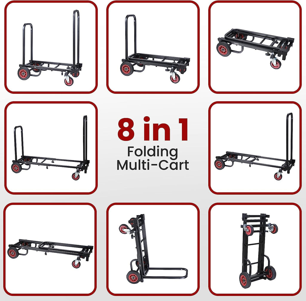 Pyle Folding Equipment Cart - Heavy Duty 8-in-1 Sack Truck, Platform Trolley with R-Trac Wheels, Black - Very Good