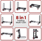 Pyle Folding Equipment Cart - Heavy Duty 8-in-1 Sack Truck, Platform Trolley with R-Trac Wheels, Black - Very Good