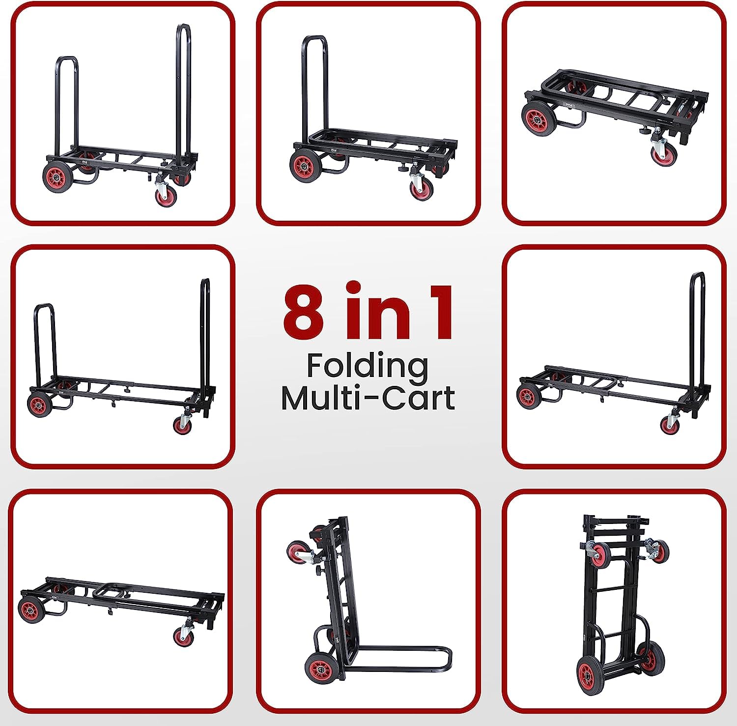 Pyle Folding Equipment Cart - Heavy Duty 8-in-1 Sack Truck, Platform Trolley with R-Trac Wheels, Black - Very Good