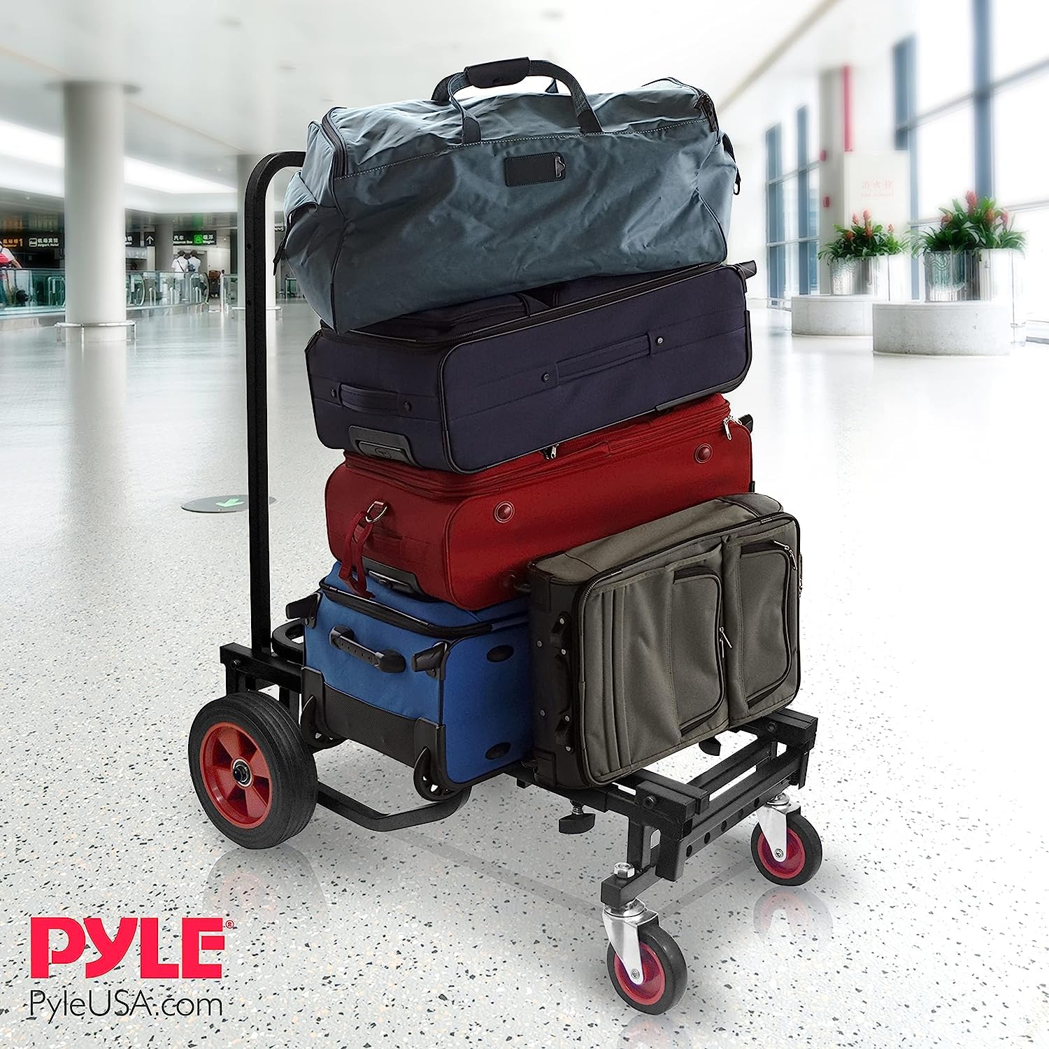 Pyle Folding Equipment Cart - Heavy Duty 8-in-1 Sack Truck, Platform Trolley with R-Trac Wheels, Black - Very Good